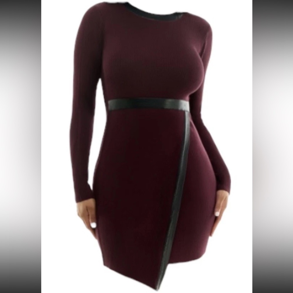 BCX Round Neck Faux-Leather-Trim Sweater Dress Juniors'  XL Camel Button Closure